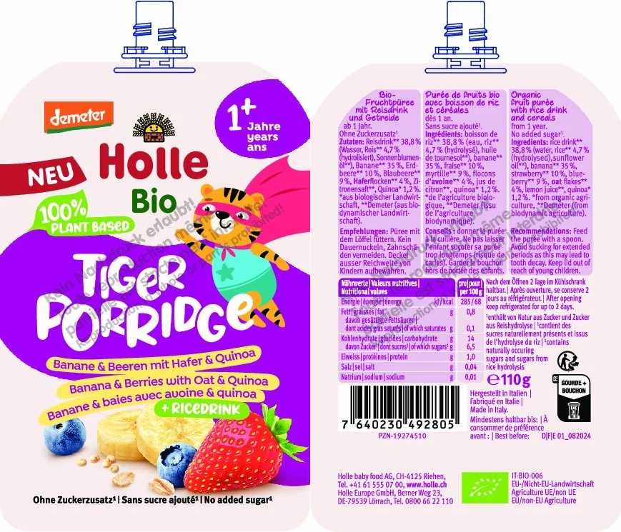 Tiger Porridge Banane&Beeren mit Hafer&Quinoa 110g